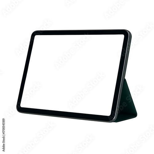 Modern tablet computer with a dark screen and green cover isolated on transparent background
