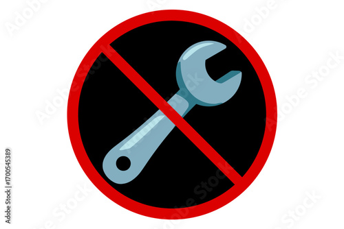 Vector prohibition sign with wrench symbol. No wrench, tool restriction, forbidden use of spanner, not allowed maintenance work, repair ban icon for warning and safety design.