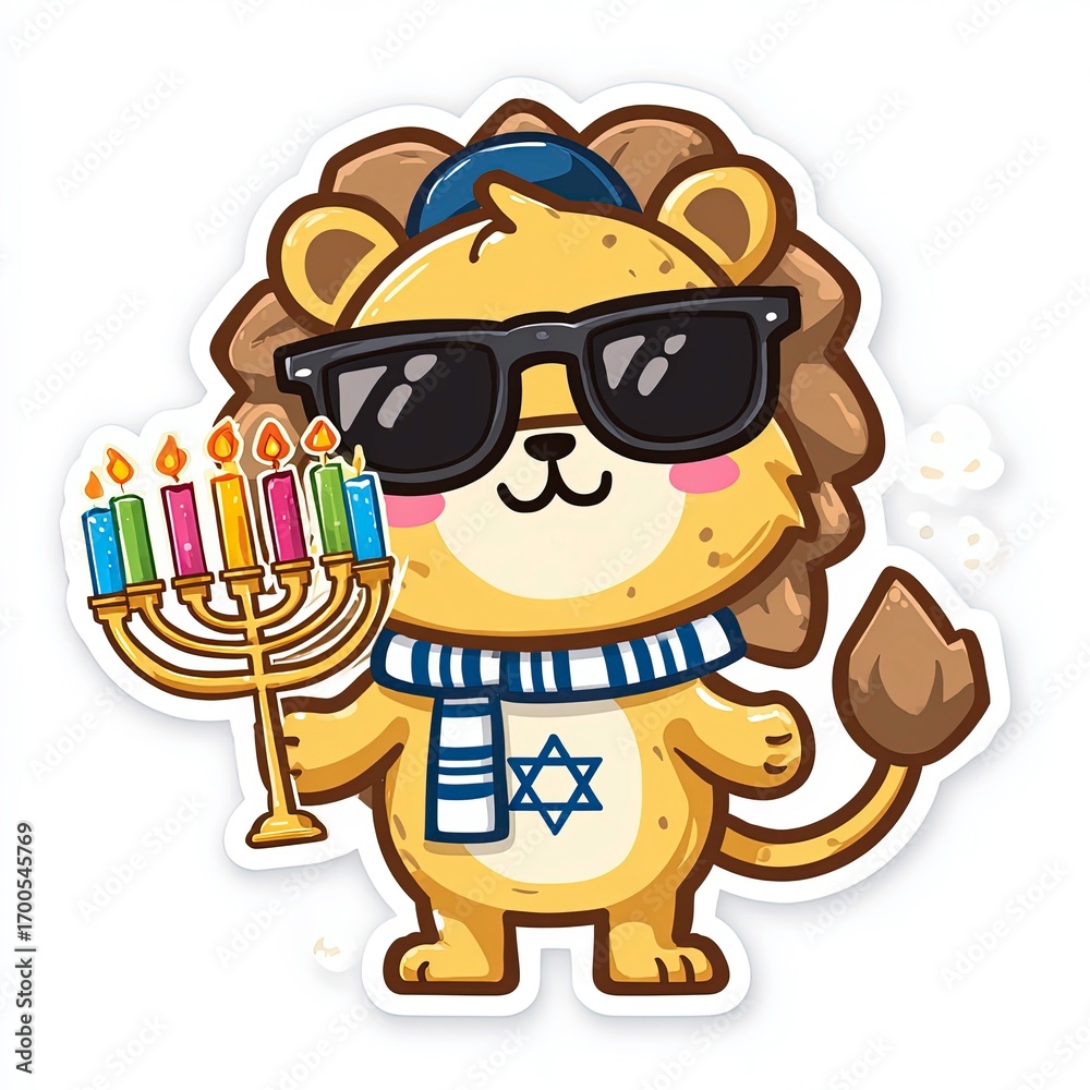 Naklejka premium Cute cartoon lion character celebrating Hanukkah with menorah in festive attire during winter festival time