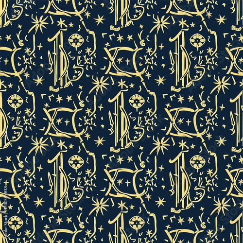 Whimsical celestial pattern with stars, moon, and sun in golden hues design, patern seamless, royalty stock.