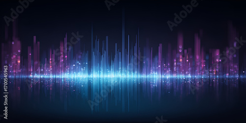 Vibrant neon city skyline made of glowing sound bars on dark backdrop