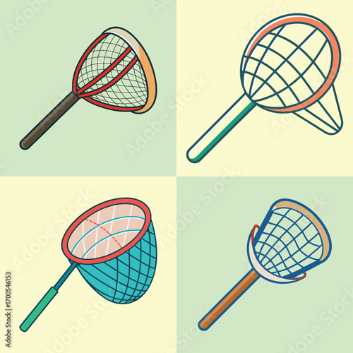 Collection of Four Colorful Retro Nets;  Fun, Playful,  Summery Illustration.