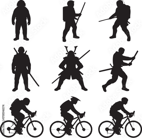 Collection of Silhouettes Featuring Warriors Cyclists and Astronauts samurai spaceman
