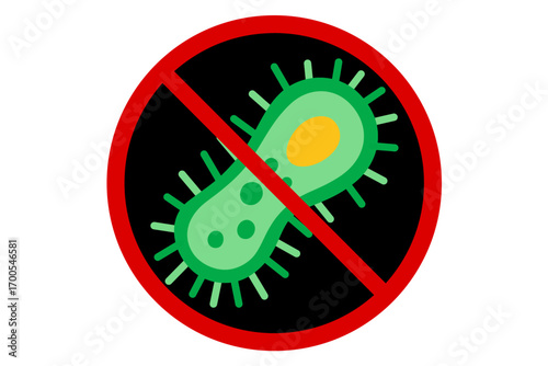 Vector prohibition sign with microbe. Symbol for no germs, bacteria ban, hygiene rule, infection prevention, sterile area, sanitation required, or clean zone.
