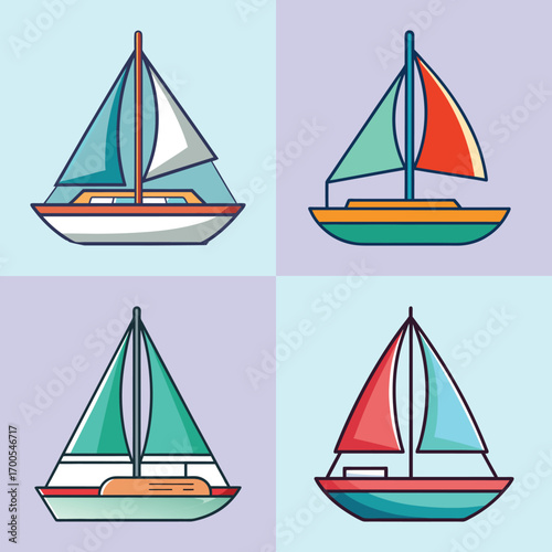 Colorful Flat-Style Sailboat Icons:  Summer Vacation, Travel, and Adventure Graphics.