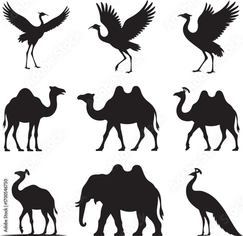 Collection of black bird camel and elephant silhouettes Keywords: bird, crane, flying bird, camel
