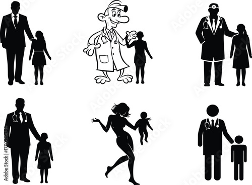Doctor and child silhouettes, medical icons, stethoscope figures, healthcare professionals, family care, vector set, black illustrations, pediatric concept