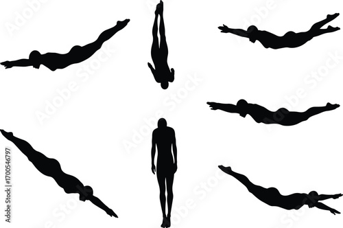 Diver silhouette illustration set featuring dynamic swimming and diving poses, symmetrical layout, and aquatic motion for design and merch