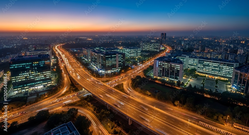 Obraz premium Cityscape at Dusk - Highway and Buildings.