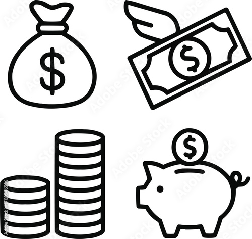 Money Emoji Outline Icons Set Bag, Coins, and Flying Dollar