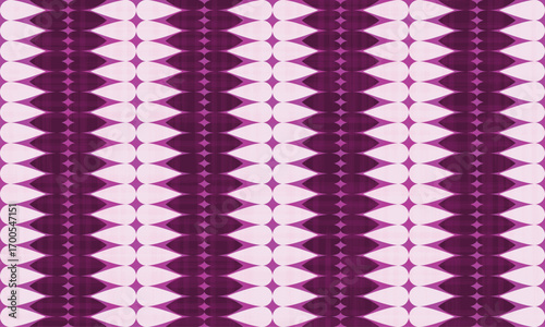 Geometric fabric pattern with water drops and hearts arranged in an orderly row, beautiful, endless with a purple background.