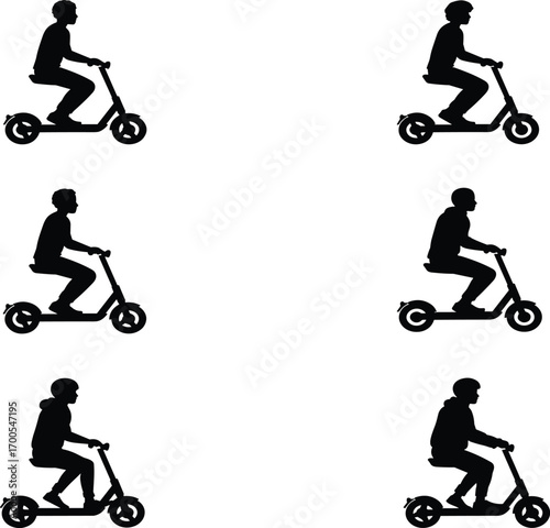 Electric scooter silhouette set featuring seated riders, posture variation, and urban mobility for transport design, education, and merch use