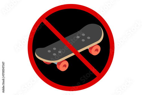 Vector prohibition sign with skateboard. Symbol for no skateboarding, skate ban, skater restriction, board sport not allowed, street skating prohibition, or skate-free zone.