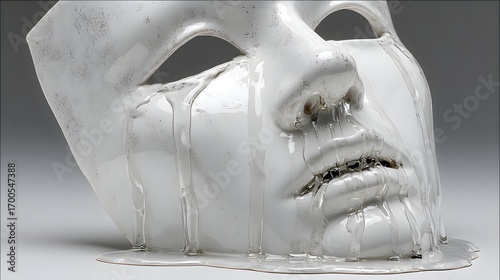 Melting porcelain mask with dripping wax and emotional expression
