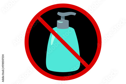 Vector prohibition sign with soap dispenser. Symbol for no soap, hygiene restriction, sanitizer ban, liquid soap not allowed, or prohibition of cleaning supplies.