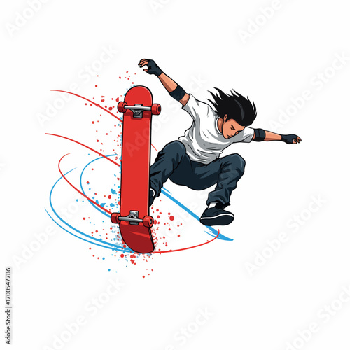 Energetic anime-inspired skateboarder performing tricks with dynamic motion lines and vibrant style