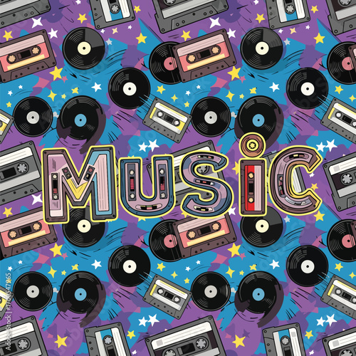 Vibrant music pattern featuring retro cassettes, vinyl records, and colorful stars, seamless pattern, Stock royalty.
