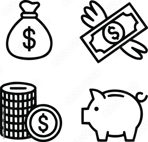 Money Emoji Outline Icons Set Bag, Coins, and Flying Dollar