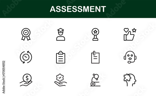 Flat premium assessment icons for testing and knowledge evaluation. Perfect for corporate training, academic apps, and educational branding with clean visuals.
