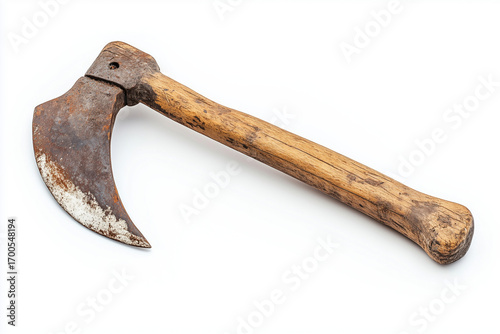 Old hand sickle with weathered wooden handle and slightly rusted curved blade, isolated on a white background.