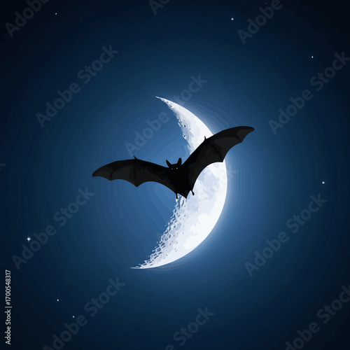 A silhouette of a bat with its wings spread, flying in front of a glowing crescent moon in a dark blue night sky with stars.