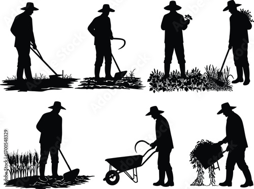 Farmer silhouette illustration set featuring hoe, sickle, wheelbarrow, and crop gestures for agriculture, education, and rural merch design