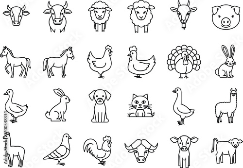 Farm animal icon set, black line style, cartoon livestock symbols, vector illustration, agriculture graphics, pet pack, educational design bundle
