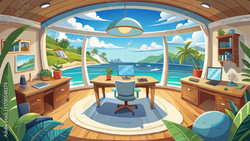 Beautiful panoramic 360 view of a coastal-themed office, showcasing a whitewashed desk, rattan chair, nautical artwork, and large windows overlooking the sea, bringing freshness, inspiration, and ocea