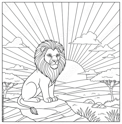 Lion vector illustration featuring a majestic male lion sitting on a rock with a dramatic sunrise background, stylized clouds, and savanna trees in detailed line art