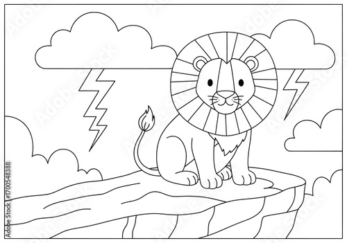 Lion vector illustration of a cute cartoon style animal sitting proudly on a rock with clouds and lightning in the background designed for children and creative projects