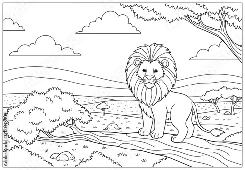 Lion vector illustration of a majestic lion with a flowing mane standing proudly on grassy ground in the savanna with scattered trees hills rocks and clouds above drawn in outlined cartoon line art