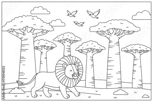 Lion vector illustration of a smiling animal with striped mane walking calmly through a baobab tree forest while birds fly across a cloudy sky in background in cartoon line art style