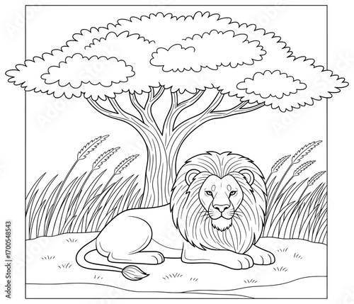 Lion vector illustration of a majestic animal with thick mane lying calmly on grass under shade of a large tree with tall plants in peaceful savanna environment in cartoon line art style