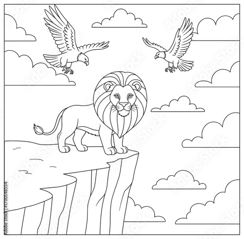 Lion vector illustration of a majestic animal with striped mane standing firmly on a cliff edge while eagles soar above clouds in background in cartoon line art for coloring