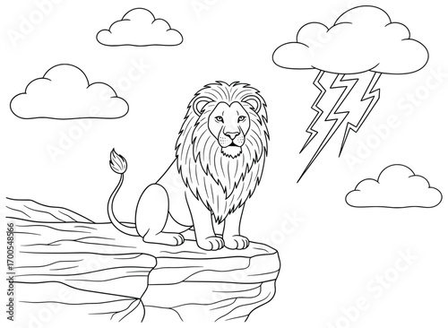 Lion vector illustration of a majestic animal with flowing mane sitting firmly on a rocky cliff as thunderclouds form with lightning bolts in the stormy sky surrounded by drifting clouds in cartoon li