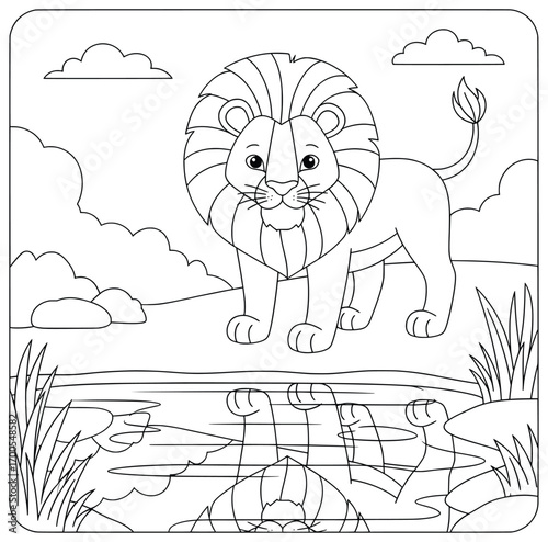 Lion vector illustration of a cute animal with striped mane standing on grassy land near a pond as its reflection appears in water beneath a cloudy sky with plants around in outlined cartoon line art 