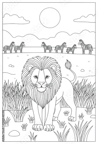 Lion vector illustration of a majestic animal with thick mane standing tall in grassy savanna as a herd of zebras walks in the distance beneath a bright sun and cloudy sky in cartoon line art style
