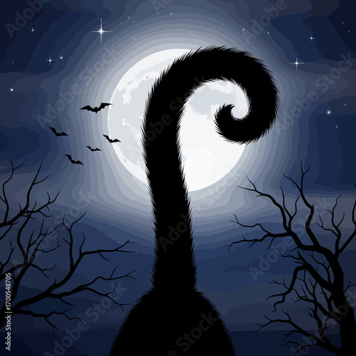 A black cat's curled tail silhouetted against a full moon on a spooky Halloween night with bats and bare trees.