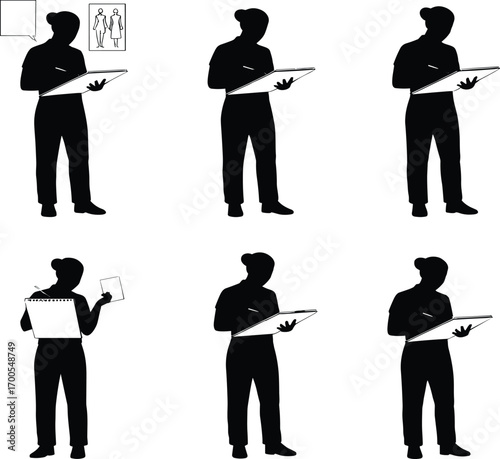 Figure drawing silhouette set featuring sketchpad poses, artistic gestures, and creative process for design, education, and merch use