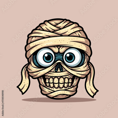 A cartoon illustration of a mummy skull with large, googly blue eyes, wrapped in beige bandages against a plain background.