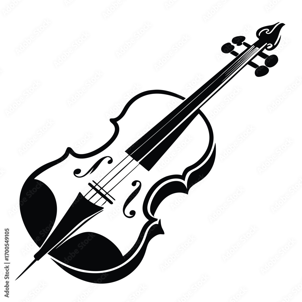 Fototapeta premium Detailed Illustration of a Violin Strings, Scroll, and Body in Black Silhouette
