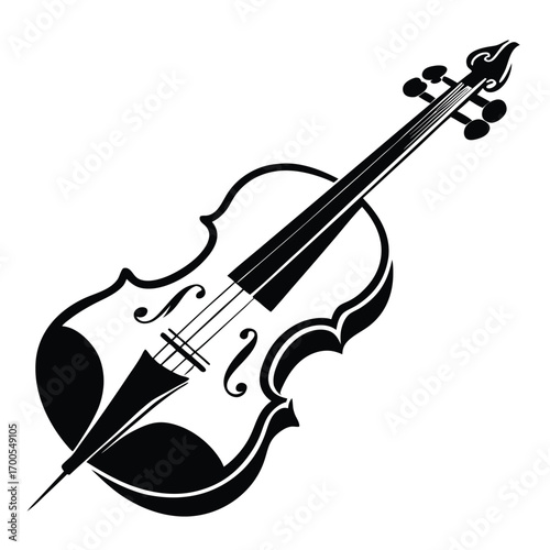 Detailed Illustration of a Violin Strings, Scroll, and Body in Black Silhouette