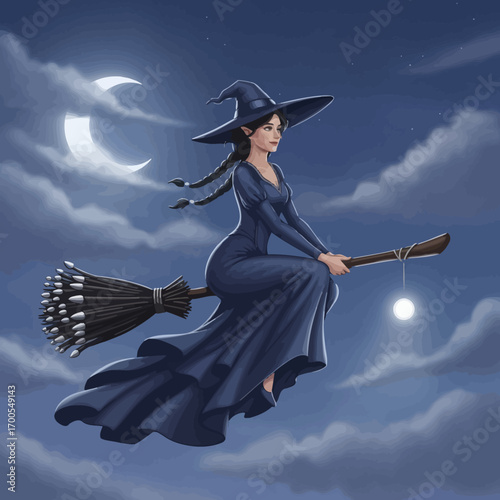 A beautiful witch with braided hair and pointed ears flies on a broomstick through a cloudy night sky with a crescent moon.