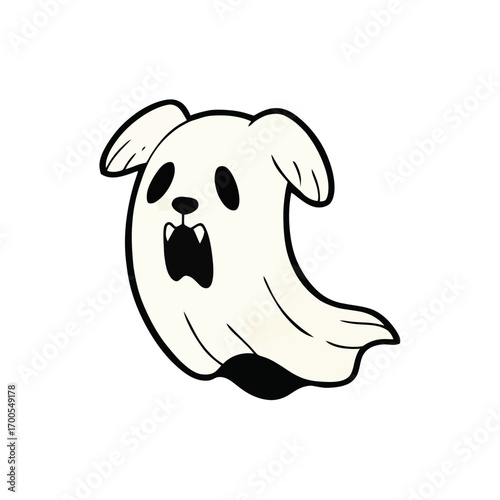 A cute and spooky cartoon illustration of a ghost dog with floppy ears, black eyes, and an open mouth, isolated on a white background.
