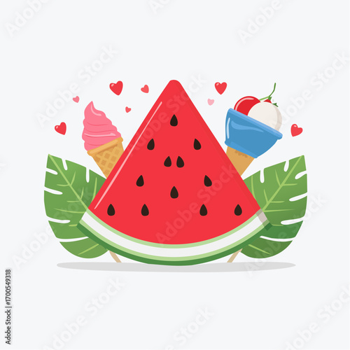 Flat Design Illustration with Watermelon Slice, Ice Cream