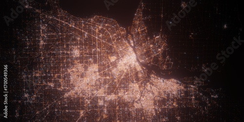 Detroit (USA, Michigan) night view with street lights. Aerial shot from space. top view heading east, . 3d render, Illustration