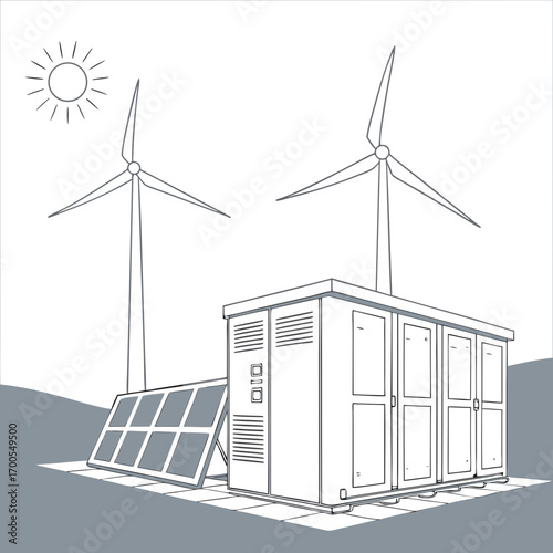 Clean energy concept illustration with wind turbines solar panel and power storage unit under the sun