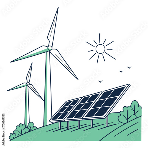 Wind turbines and solar panels on a green hill under a bright sun with birds flying