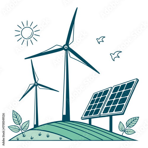 Clean energy landscape with wind turbines solar panels sun and birds symbolizing renewable power generation