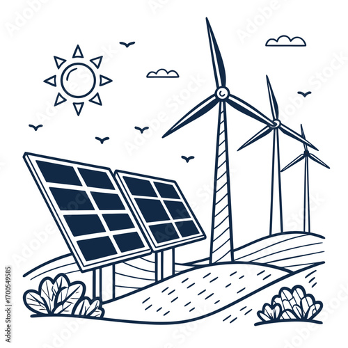 Stylized illustration of solar panels and wind turbines under a sunny sky with birds flying